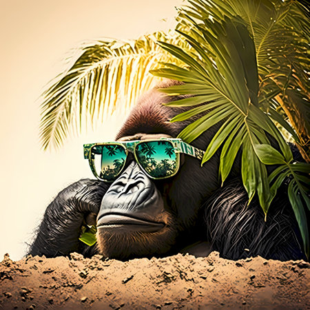 gorilla in sunglasses and palm leaves on a sand background, retro styleの素材