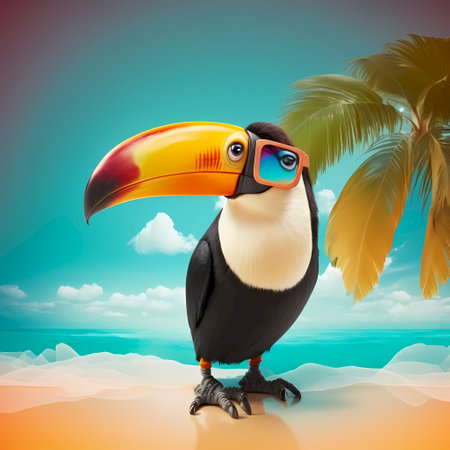 Toucan with sunglasses on the beach with palm trees. Vector illustration.の素材