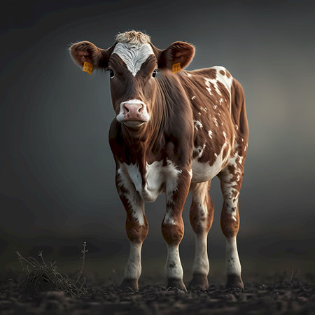 Portrait of a brown and white cow on a dark background.の素材