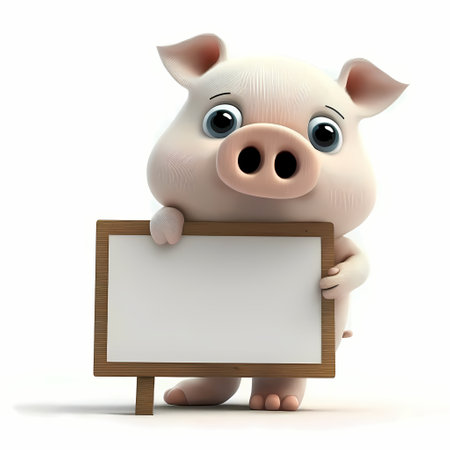 Cartoon pig with signboard on white background, 3D renderingの素材