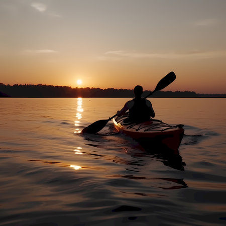 Silhouette of a man kayaking in the lake at sunsetの素材