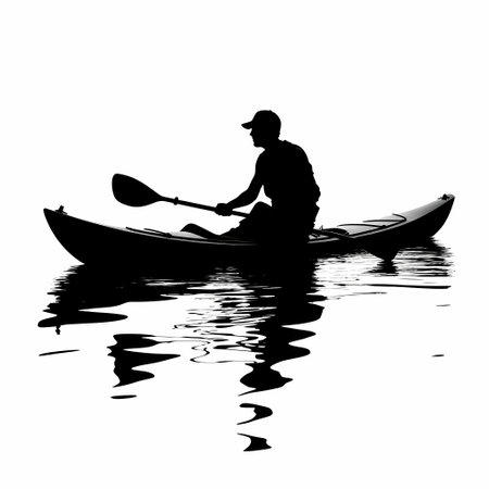 Silhouette of a man in a kayak on a white backgroundの素材