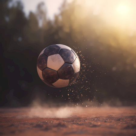 Soccer ball flying through the air on the field. 3d renderingの素材