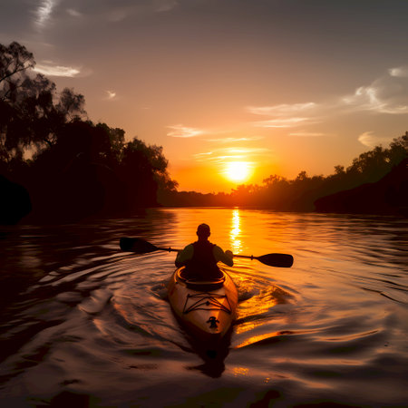 Man kayaking on the river at sunset. Sport and active life concept.の素材