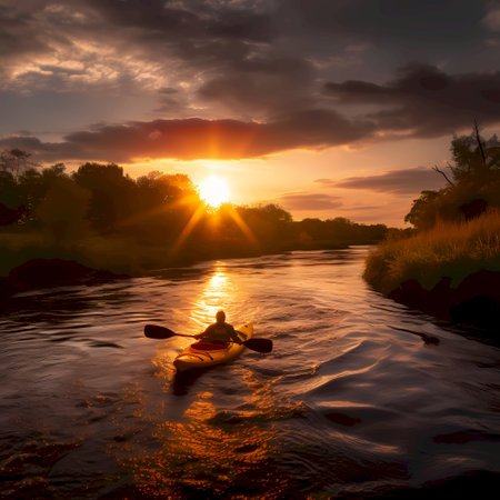 Silhouette of a man kayaking in the river at sunsetの素材