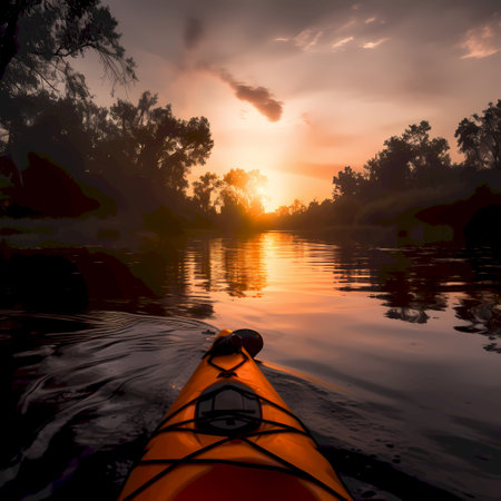 Kayaking on the river at sunset. Canoeing on the river.の素材