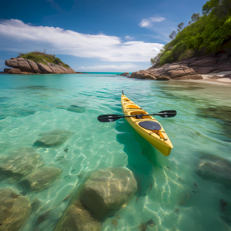 Kayak on the turquoise tropical beach in Seychellesの素材