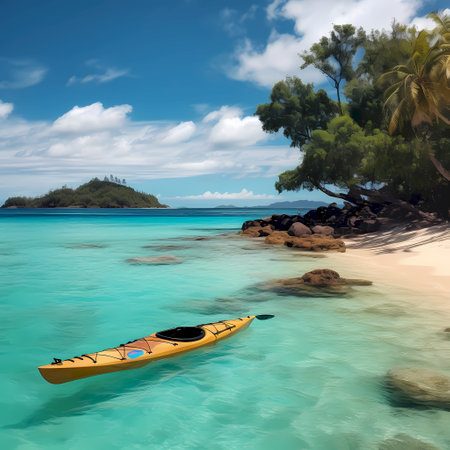 Kayak on a beautiful tropical beach at Seychelles.の素材