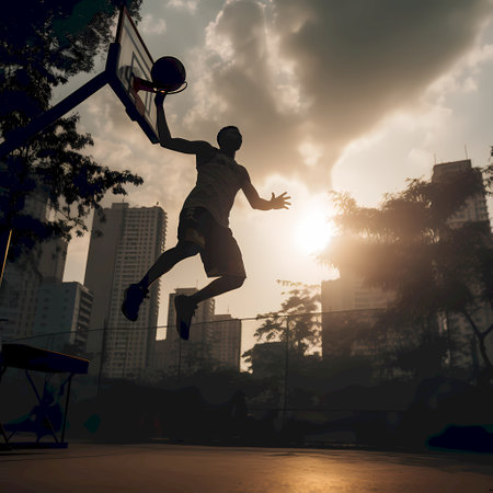 basketball player practicing and posing for basketball and sports athlete concept in silhouette on sunset backgroundの素材