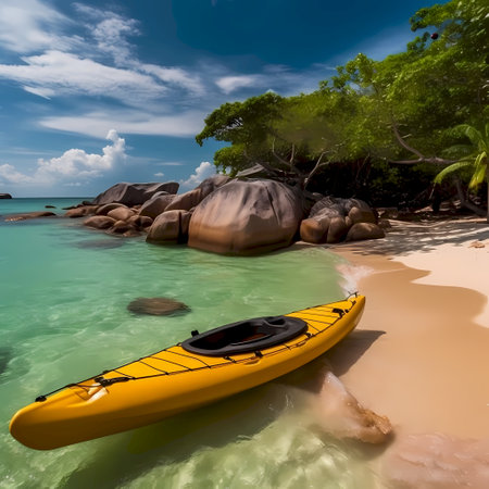 Kayak on the beach of Anse Lazio, Praslin, Seychellesの素材