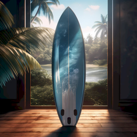 Surfboard in front of the door to the beach. 3D renderingの素材