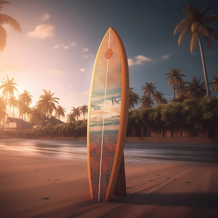 Surfboard on the beach with palm trees. 3d renderの素材
