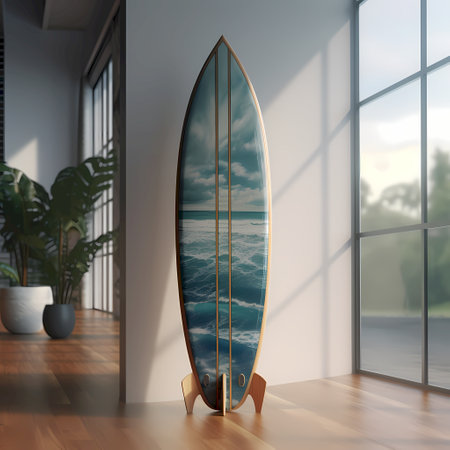 Surfboard in the room with sea view. 3d renderingの素材