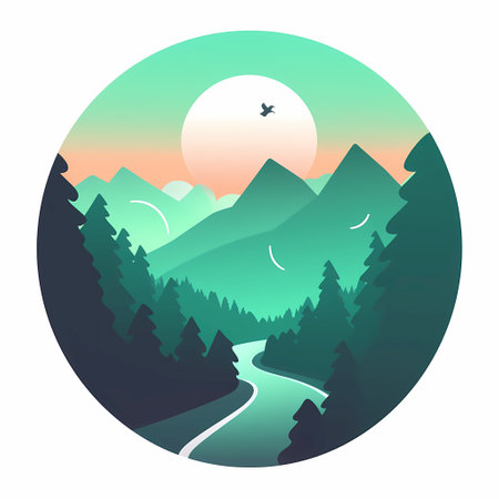 Mountain landscape with river and forest. Vector illustration in flat styleの素材