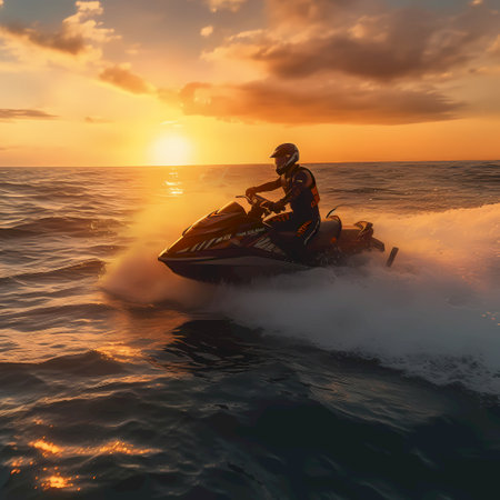 Jet ski rider at sunset on the sea. 3d render.の素材