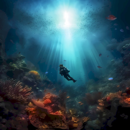 Underwater scene with diver and coral reef. 3d illustration.の素材