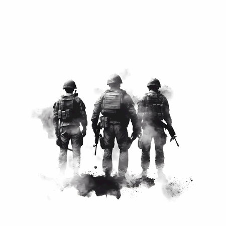 Watercolor illustration of a group of soldiers standing in full gear.の素材