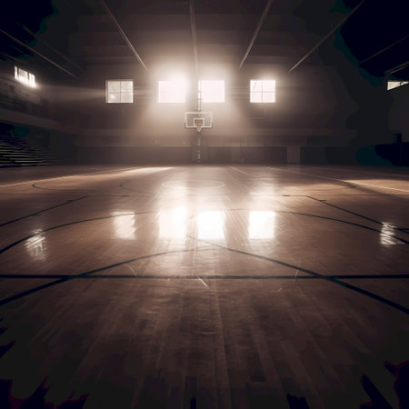 Empty gymnasium with wooden floor and spotlight. 3d renderingの素材