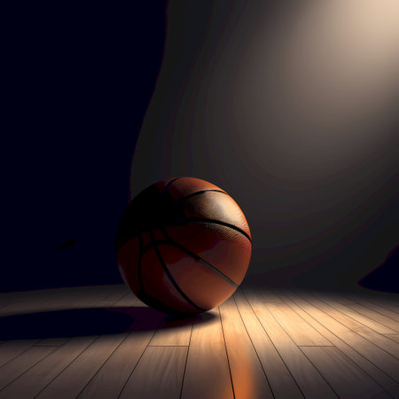 Basketball ball on a wooden floor in a dark room. 3D renderingの素材