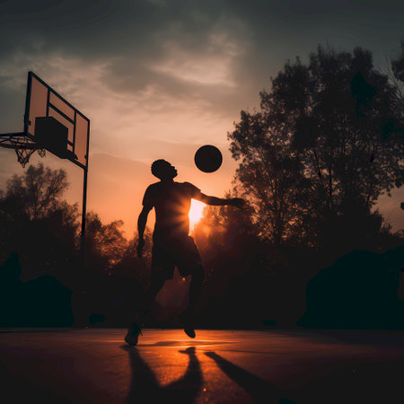 Silhouette of a basketball player in action at sunset. The concept of sports.の素材