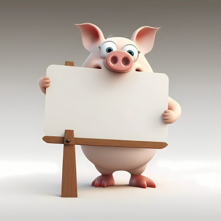 3d rendered illustration of a pig cartoon character with blank signboardの素材