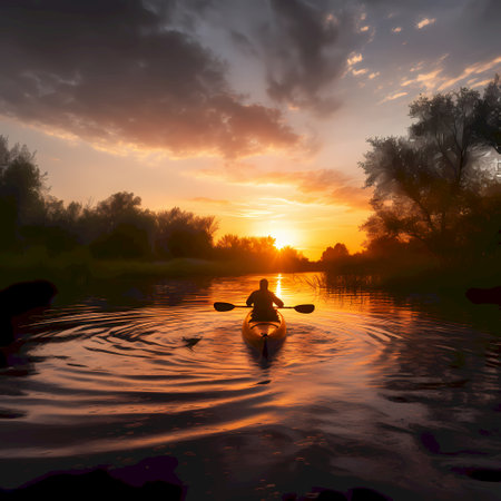 Woman kayaking on a lake at sunset. 3D render.の素材