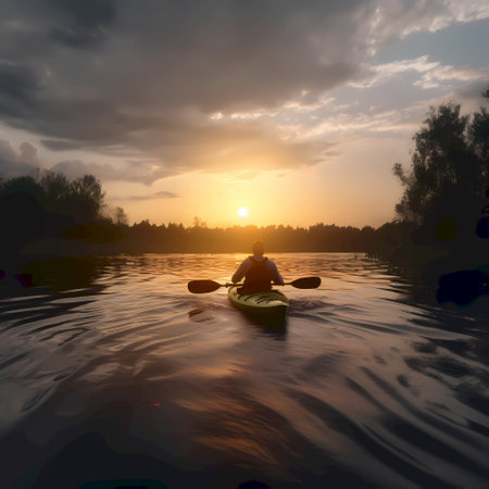 The silhouette of a man in a kayak on the river at sunsetの素材