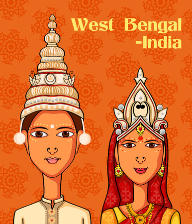 Vector design of Bengali Couple in traditional costume of West Bengal, Indiaのイラスト素材