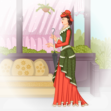 Vector design of vintage Victorian woman with umbrellaのイラスト素材