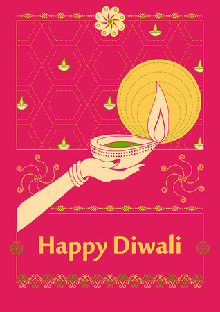 Vector design of India Lady holiding Diwali decorated diya for light festival of Indiaのイラスト素材