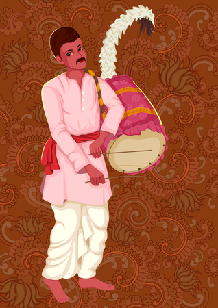 Vector design of artist playing Dhak Dhol folk music of West Bengal India on floral backgroundのイラスト素材