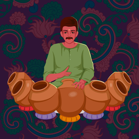Vector design of artist playing Ghatam folk music of India on floral background