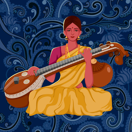 Vector design of artist playing Sitar folk music of India on floral backgroundのイラスト素材
