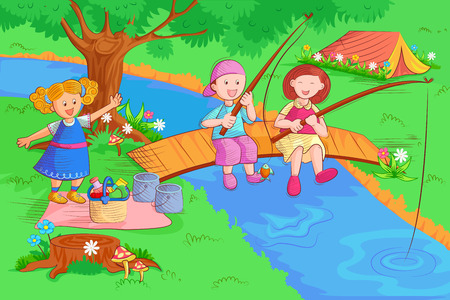 Kids doing fishing and enjoying in summer vacationのイラスト素材