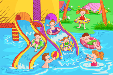 Kids playing and enjoying at waterpark in summer vacationのイラスト素材