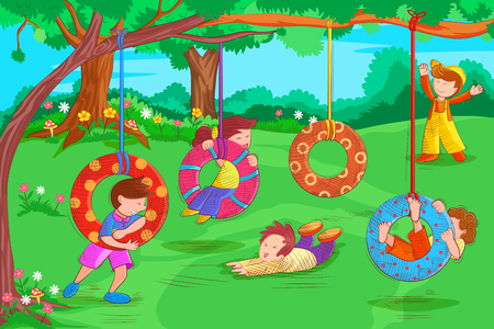 Kids playing and enjoying in summer vacationのイラスト素材