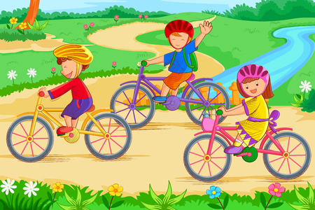 Kids cycling and enjoying in summer vacationのイラスト素材