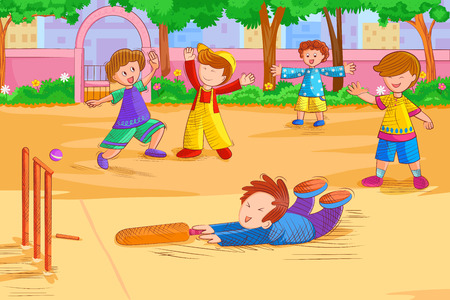 Kids playing cricket match in summer vacationのイラスト素材