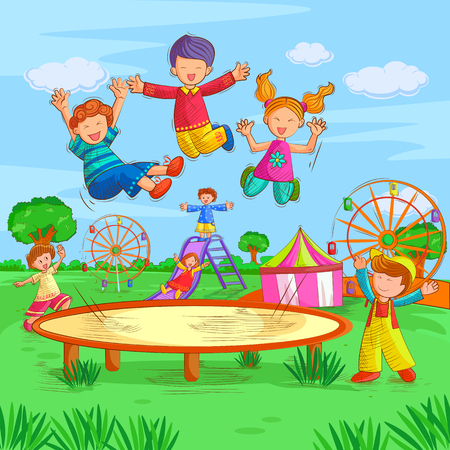 Vector design of kids playing and enjoying in summer vacationのイラスト素材