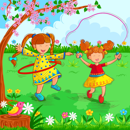 Vector design of kids playing and enjoying in summer vacationのイラスト素材