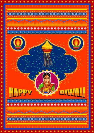 Happy Diwali India festival greeting background in Indian truck kitsch art styleのイラスト素材