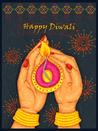 Vector design of hand of Indian lady holding diya for Diwali on colorful art style background of Indiaのイラスト素材