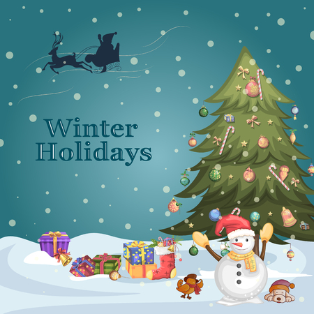 Snowman with Christmas tree and gifts for Winter holidays vector illustrationのイラスト素材