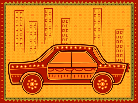 Vector design of Taxi cab transport in India desi folk art styleのイラスト素材