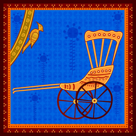 Vector design of Hand Pulled rickshaw transport in India desi folk art styleのイラスト素材