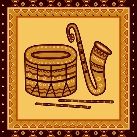 Vector design of Drum and saxophone Music instrument in India desi folk art styleのイラスト素材