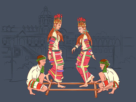 Couple performing Cheraw folk dance of Mizoram, Indiaのイラスト素材