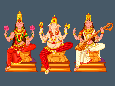 Statue of Indian God Lakshmi Ganesha  and Saraswati Sculptureのイラスト素材