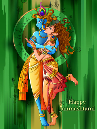 Lord Krishna playing bansuri flute with Radha on Happy Janmashtami holiday festival backgroundのイラスト素材