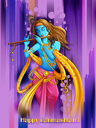 Lord Krishna playing bansuri flute on Happy Janmashtami holiday festival backgroundのイラスト素材